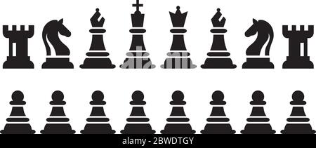 Schach schwarze Zahlen Stück Vector Illustration. Schwarz Chess Icons einstellen. 16 Objekte, darunter König, Königin, Bischof, der Ritter, Turm, Bauer. Stock Vektor