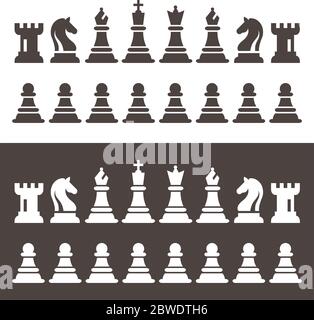 Schachfiguren Stücke im flachen Stil Vector Illustration. Schwarz Chess Icons einstellen. Schach Schwarze und Weiße Figuren König, Königin, Bischof, der Ritter, Turm, Bauer. Stock Vektor