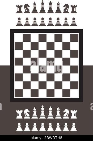 Schach Spiel Vector Illustration im flachen Stil. Schachfiguren König, Königin, Bischof, der Ritter, Turm, Bauer. Schachbrett Abbildung. Schachbrett Hintergrund. Stock Vektor