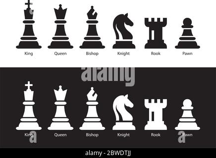 Schach Figur flache Vector Illustration. Sechs Objekte einschließlich König, Königin, Bischof, der Ritter, Turm, Bauer. Schwarz Chess Icons einstellen. Stock Vektor