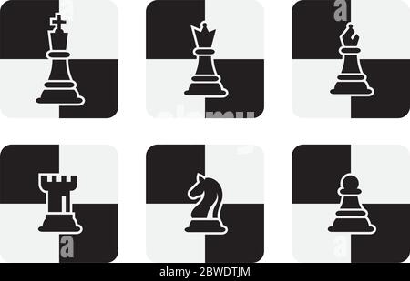 Schachfiguren Symbole isoliert auf weißem Hintergrund. Schachbrett Vector Illustration. Figur von König, Königin, Bischof, der Ritter, Turm, Bauer. Stock Vektor