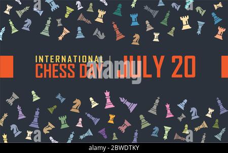 International Chess Tag Vector Illustration auf dunklem Hintergrund. Figurine einschließlich König, Königin, Bischof, der Ritter, Turm, Bauer. Stock Vektor