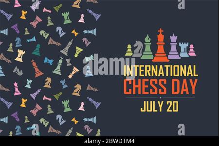 International Chess Tag Vector Illustration auf dunklem Hintergrund. Figurine einschließlich König, Königin, Bischof, der Ritter, Turm, Bauer. Stock Vektor