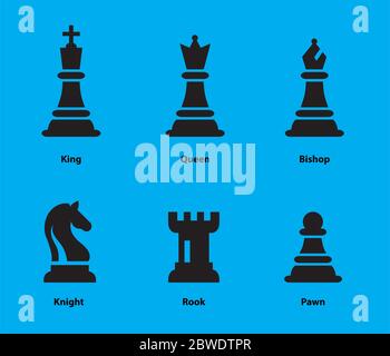 Schachfiguren Flachbild Vector Illustration. Sechs Objekte einschließlich König, Königin, Bischof, der Ritter, Turm, Bauer. Schwarz Chess Icons einstellen. Stock Vektor