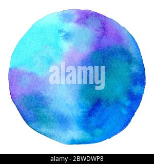 Abstraktes Aquarell-Handgemälde in Kreisform für den Textnachrichtenhintergrund. Bunte Spritzer im Papier. Perfekt für Branding, Grüße. Stockfoto