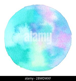 Abstraktes Aquarell-Handgemälde in Kreisform für den Textnachrichtenhintergrund. Bunte Spritzer im Papier. Stockfoto
