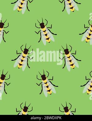 Bienen, Wespen und Schwirrfliegen. Grünes Nahtmuster. Design für Postkarten, Drucke, Kleidung. Registrierung von Arzneimitteln und Kosmetika. Stock Vektor