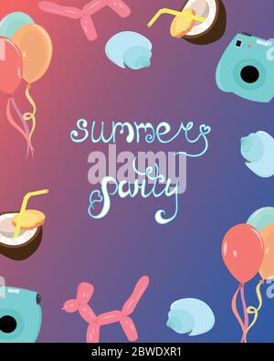 Sommerparty. Erholung und Unterhaltung. Cocktails, Muscheln und Bälle. Design für Grußansage, Flyer und Print. Stock Vektor