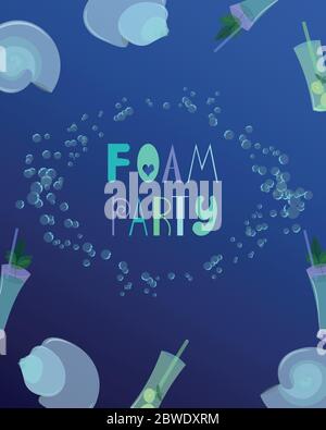 Sommerkarte. Eine Schaumstoffparty. Erholung und Unterhaltung. Cocktails, Muscheln und Blasen. Design für Grußansage, Flyer und Print. Stock Vektor
