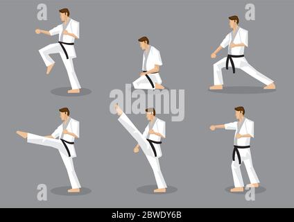 Set von sechs Vektor-Icons des ganzen Körpers Cartoon Mann in der Seitenansicht Durchführung Kampfkunst bewegt sich isoliert auf grauem Hintergrund. Anwendbar auf Karate und Taek Stock Vektor