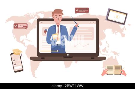 Online-Schulungen. Flaches Design Konzept von Schulungen und Video-Tutorials. Lehrer auf dem Bildschirm Laptop. Vektorgrafik für Website Banner, Marketing Stock Vektor