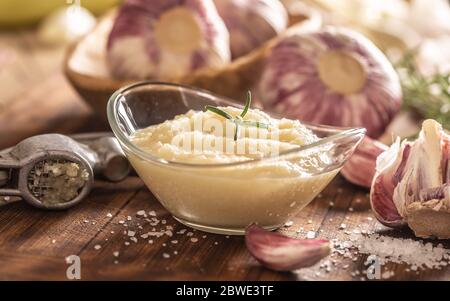 Knoblauchpaste in einer Glasschüssel mit geschältem Knoblauch, Salz und Knoblauchköpfen Stockfoto