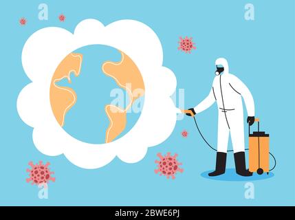 Männer, die einen Schutzanzug tragen, desinfiziert Fahrzeuge durch Coronavirus oder Covid 19 Vektor-Illustration Design Stock Vektor