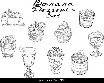 Satz von Bananen Desserts schwarze Linien Vektor-Illustration Stock Vektor