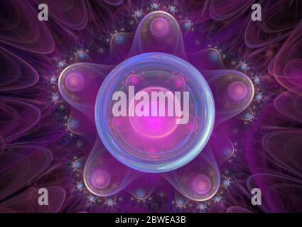 Violette abstrakte fraktale Blume und Linien auf dunklem Hintergrund Stockfoto