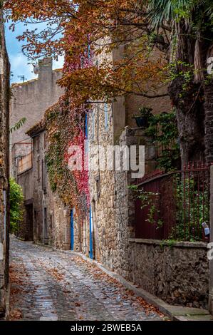 Alte Straße in Lagrasse, eines der Les Plus Beaux Villages de France, Aude, Languedoc-Roussillon, Frankreich Stockfoto