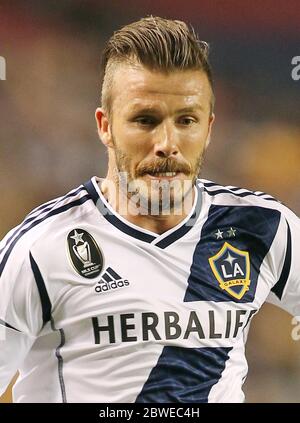 David Beckham trägt rosa Fußballschuhe mit seinen Kindernamen auf ihnen, als er als Ersatz in LA Galaxy 1-0 Niederlage gegen Chivas USA, Carson, Kalifornien kam. 19 Mai 2012 Stockfoto