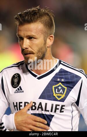 David Beckham trägt rosa Fußballschuhe mit seinen Kindernamen auf ihnen, als er als Ersatz in LA Galaxy 1-0 Niederlage gegen Chivas USA, Carson, Kalifornien kam. 19 Mai 2012 Stockfoto