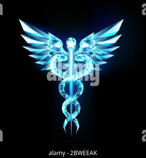 Blaue Kristall Caduceus Symbole auf schwarzem Hintergrund isoliert. Low Poly Symbol der Medizin. Stock Vektor