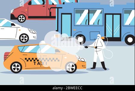 Männer, die einen Schutzanzug tragen, desinfiziert Fahrzeuge durch Coronavirus oder Covid 19 Vektor-Illustration Design Stock Vektor