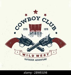 Cowboy-Clubabzeichen, T-Shirt. Wilder Westen. Vektorgrafik. Konzept für Hemd, Logo, Druck, Stempel, T-Shirt mit Cowboy und gedecktem Wagen. Vintage Typografie Design mit Western Wagon Silhouette. Stock Vektor