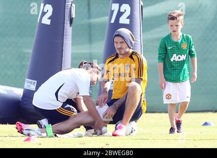 David Beckham hat Eis auf seine Leistengegend von einer Trainerin während einer Los Angeles Galaxy Trainingseinheit angewendet. David kamen die Söhne Romeo und Cruz, Carson, Kalifornien, hinzu.21. November 2012 Stockfoto