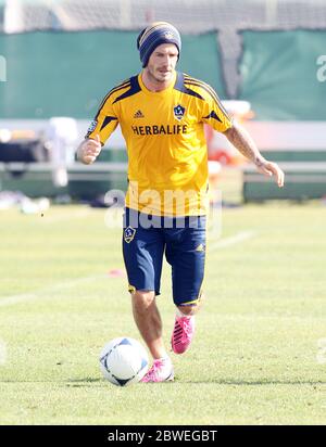 David Beckham hat Eis auf seine Leistengegend von einer Trainerin während einer Los Angeles Galaxy Trainingseinheit angewendet. David kamen die Söhne Romeo und Cruz, Carson, Kalifornien, hinzu.21. November 2012 Stockfoto