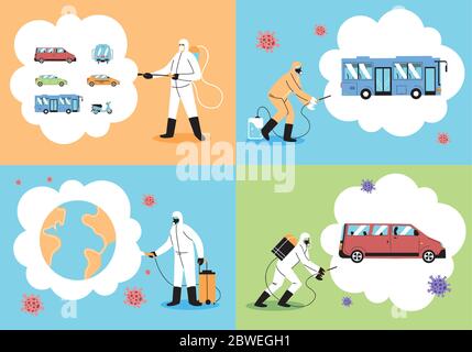 Männer, die einen Schutzanzug tragen, desinfiziert Fahrzeuge durch Coronavirus oder Covid 19 Vektor-Illustration Design Stock Vektor