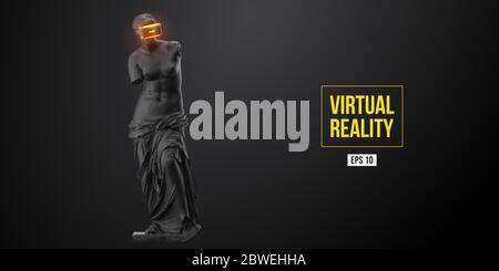 VR-Headset-Technologie. 3d-Rendering der Venus-Statue, Frau mit Virtual-Reality-Brille auf schwarzem Hintergrund Stock Vektor