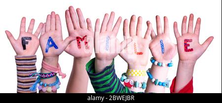 Kinder Hände Building Word Familie Bedeutet Familie, Isoliert Hintergrund Stockfoto