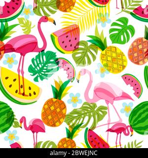 Vektor nahtlose tropische Muster mit rosa Flamingo, Palmblätter, Wassermelone und Ananas. Sommer tropische Illustration. Trendiges Design für Sommer fa Stockfoto