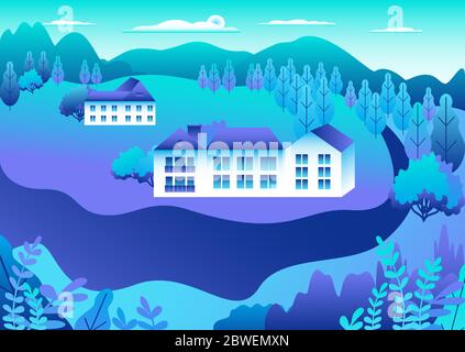 Ländliche oder städtische Landschaft im Freien. Stadt oder Dorf im flachen Stil. Landschaft mit Häusern, Gebäuden. Hügel, Berge, Wald, Bäume, Fluss. C Stock Vektor