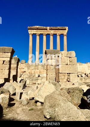 Baalbek, Libanon, die restlichen Säulen des Jupitertempels.(UNESCO Weltkulturerbe) Stockfoto