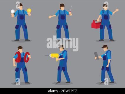 Blauer Kragen Arbeiter Vektor Cartoon Charakter Icons, kann technische, Elektriker oder Mechaniker, mit verschiedenen Arbeitswerkzeugen und Ausrüstung. Stock Vektor
