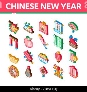 Chinesisches Neujahrsfest Isometrische Symbole Set Vektor Stock Vektor