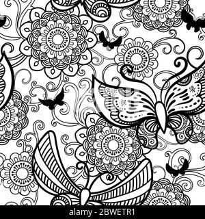 Hand Blumen und Schmetterling nahtlose Muster gezeichnet. Schwarze und weiße Vector Illustration in doodles Stil. Auf weissem Hintergrund. Malbuch Seite.