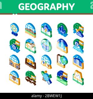 Geographie Bildung Isometrische Symbole Set Vector Stock Vektor