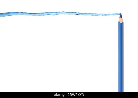 Blauer Bleistift zeichnet schönes Wasser auf weißem Hintergrund Stockfoto