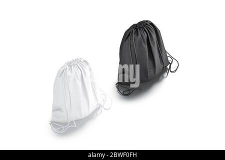 Blank schwarz und weiß Kordelzug Rucksack Mockup Set, Seitenansicht Stockfoto