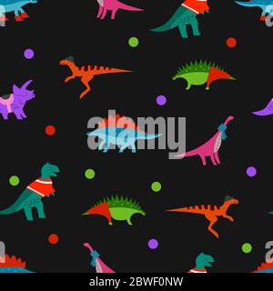 Dino auf schwarzem Hintergrund. Nahtloses Baby Dinosaurier Muster für Textil, Stoff, Print oder Tapete. Vorlage für Geschenkpapier oder Buff Print Stock Vektor