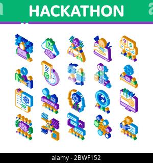 Hackathon Entwicklung Isometrische Symbole Set Vektor Stock Vektor