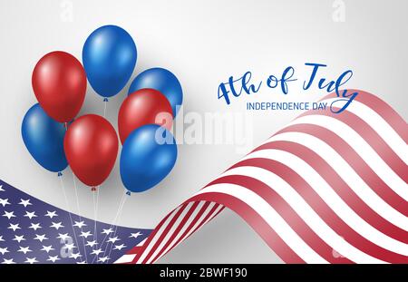 4. Juli mit Amerika-Flagge und Ballon im Hintergrund. Feier zum Unabhängigkeitstag. Stock Vektor