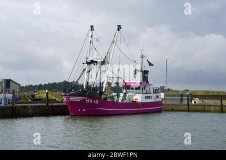 HAVNEBY, RØMØ, DÄNEMARK - 15. AUGUST 2019: Lila Fischerboot im Hafen von Havneby auf der dänischen Insel Rømø im Wattenmeer. Stockfoto