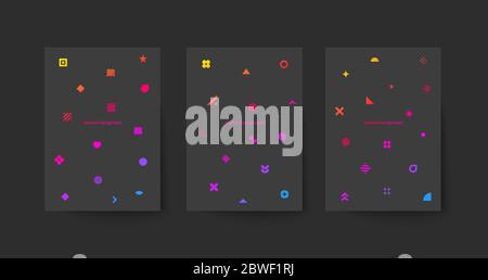 Set mit schwarzen Postern im Memphis Stil. Vorlage für Flyer, Cover von Broschüren oder Broschüren. Trendige Banner, abstrakte Drucke mit geometrischen Formen Stock Vektor