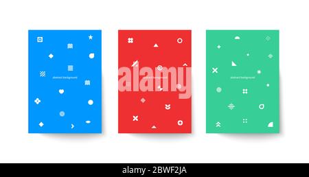 Set von Plakaten im Memphis Stil. Vorlage für Flyer, Cover von Broschüren oder Broschüren. Trendige Banner, abstrakte Drucke mit geometrischen Formen Stock Vektor