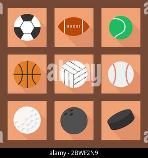 Einfache Web-Sport-Symbole. Flache Ball Symbole gesetzt. Sportausrüstung: Fußball, Fußball, Tennis, Volleyball, Basketball, Baseball, Hockey, Golf, Rugby. Symbole Stock Vektor