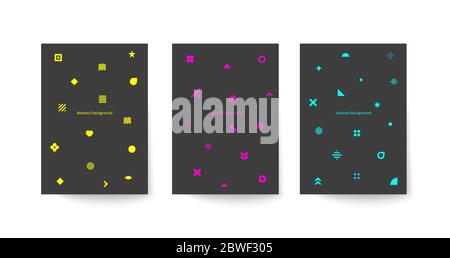 Set mit schwarzen Postern im Memphis Stil. Vorlage für Flyer, Cover von Broschüren oder Broschüren. Trendige Hipster-Banner, abstrakte Drucke mit geometrischen Formen Stock Vektor