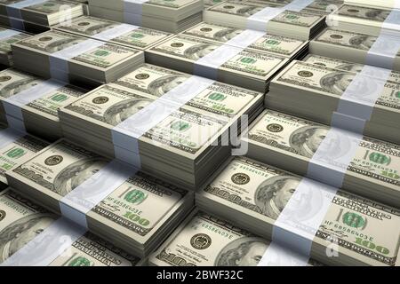 3D-Rendering eines großen Stapels von 100 US-Dollar-Rechnungen. Stockfoto