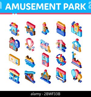 Vergnügungspark Und Attraktion Isometrische Symbole Set Vektor Stock Vektor