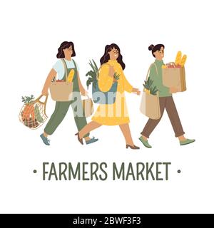 Frauen halten wiederverwendbare Baumwolle und String Taschen mit Bauern Gemüse. Vektor-Banner-Vorlage für umweltfreundliche, grüne Lebensweise, gesunde Ernährung Stock Vektor